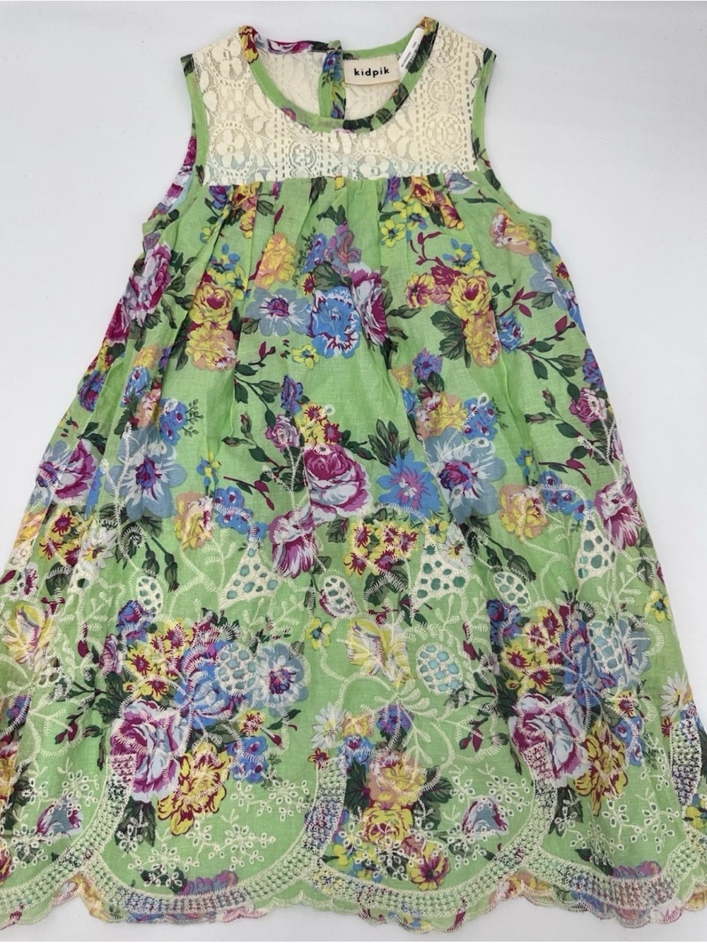kidpik Green Floral Lace-Trim Dress, size 8